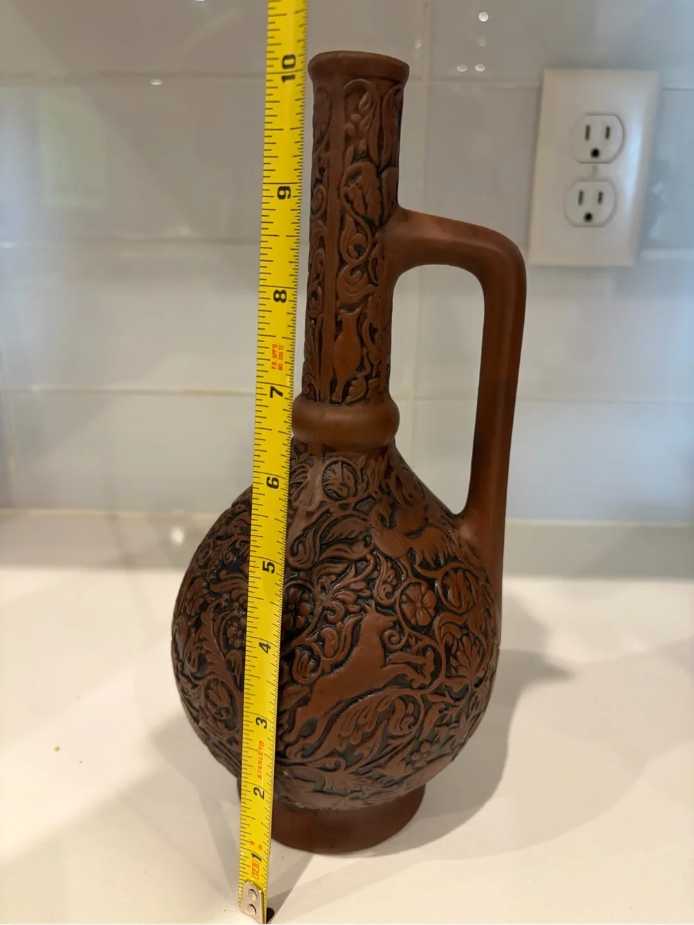Vintage Handcrafted Brown Decorative Floral Pitcher Vase - Unbranded